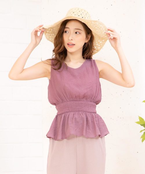 KOBE LETTUCE(コウベレタス)の「楊柳ウエストシャーリングノースリーブブラウス【セットアップOK】(シャツ/ブラウス・レディース・ベージュ/ネイビー/オフホワイト/カーキ/ピンク/イエロー/オレンジ/ブルー・FREE)」の2枚目の写真