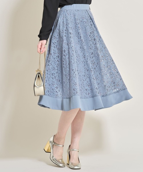tocco closet(トッコ クローゼット)の「ロマンティックフラワーレースミディ丈フレアスカート(スカート)」|グレイッシュブルー
