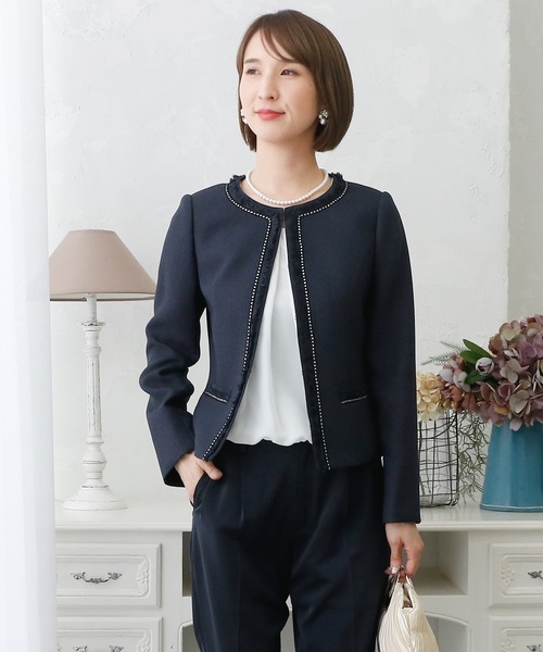 ハイウエストノーカラージャケット＆大きいサイズブラウスセットアップ