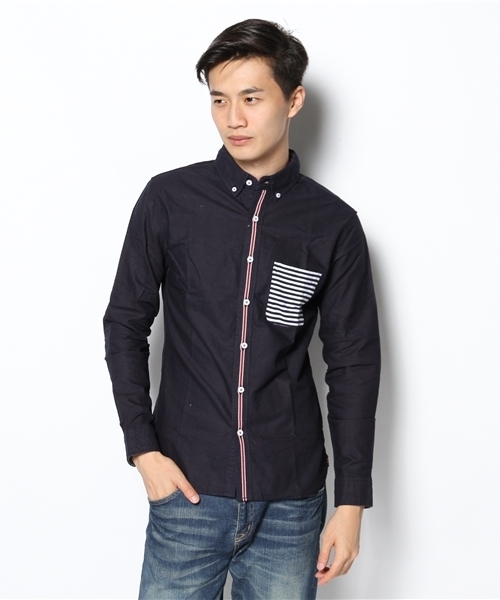 GIORDANO（ジョルダーノ）の「[GIORDANO]ポケット切替オックスフォード長袖シャツ（シャツ/ブラウス・メンズ・ネイビー/ブルー/ホワイト・LARGE/MEDIUM）」の3枚目の写真