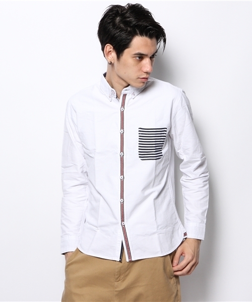 GIORDANO（ジョルダーノ）の「[GIORDANO]ポケット切替オックスフォード長袖シャツ（シャツ/ブラウス・メンズ・ネイビー/ブルー/ホワイト・LARGE/MEDIUM）」の2枚目の写真