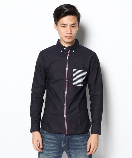 GIORDANO（ジョルダーノ）の「[GIORDANO]ポケット切替オックスフォード長袖シャツ（シャツ/ブラウス・メンズ・ネイビー/ブルー/ホワイト・LARGE/MEDIUM）」の4枚目の写真