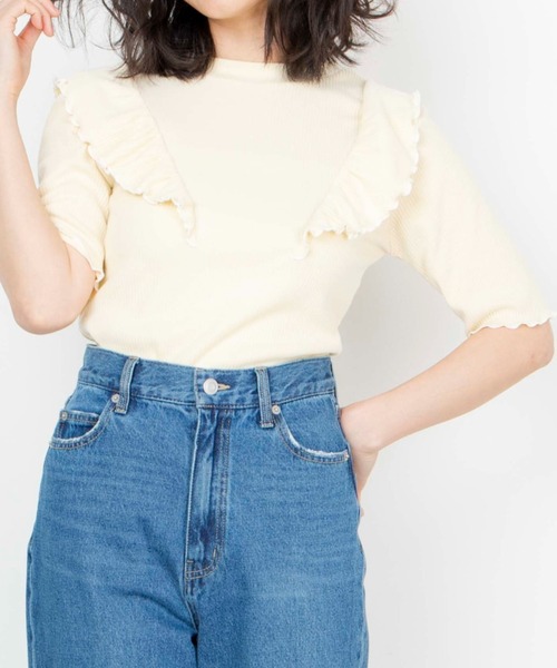 WEGO（ウィゴー）の「WEGO/配色メロウフリルT（Tシャツ/カットソー・レディース・ブラック/サックスブルー/アイボリー/ライトイエロー・FREE）」の4枚目の写真