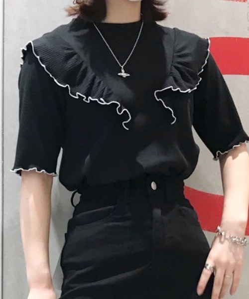 WEGO（ウィゴー）の「WEGO/配色メロウフリルT（Tシャツ/カットソー・レディース・ブラック/サックスブルー/アイボリー/ライトイエロー・FREE）」の2枚目の写真