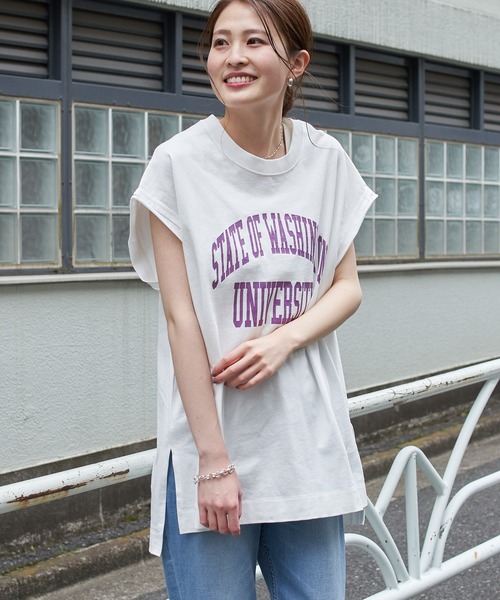 CIAOPANIC TYPY（チャオパニックティピー）の「テキサスコットンカレッジプリントノースリTee（Tシャツ/カットソー・レディース・ホワイト/グリーン/グレー系その他/チャコールグレー・ONE SIZE）」の2枚目の写真