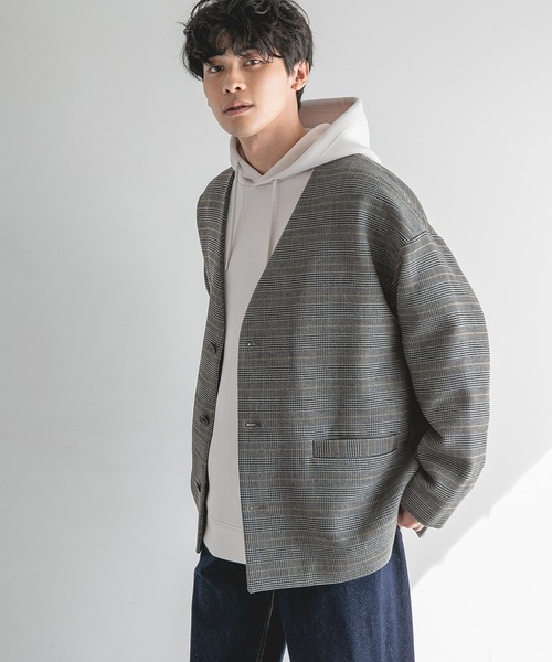 LOWRYS FARM（ローリーズファーム）の「ウールライクチェックノーカラージャケット　950322（ノーカラージャケット・メンズ・ブラウン/グレー/ベージュ・MEDIUM/LARGE）」の2枚目の写真