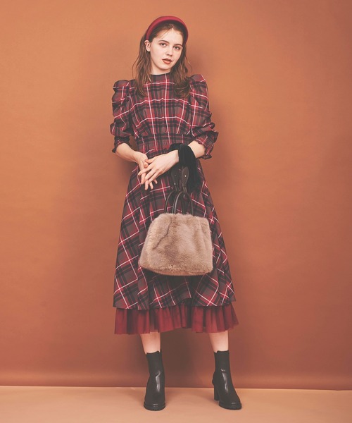 31 Sons de mode（トランテアン　ソン　ドゥ　モード）の「裾チュールチェックプリントワンピース（ワンピース・レディース・サックスブルー/ブラウン・36/38）」の4枚目の写真