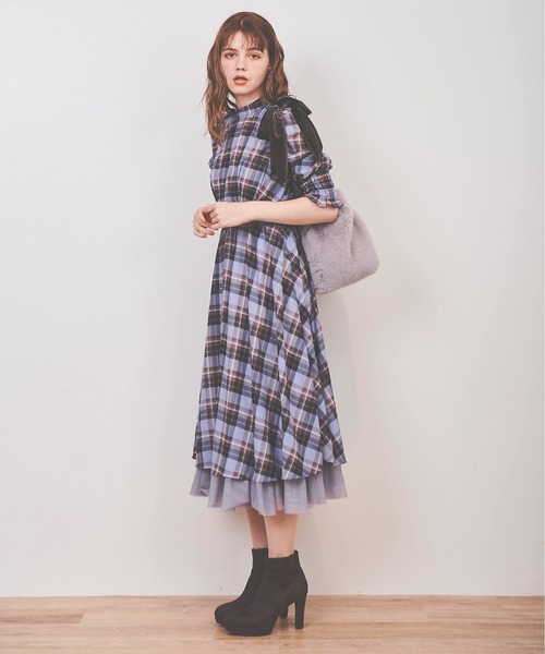 31 Sons de mode（トランテアン　ソン　ドゥ　モード）の「裾チュールチェックプリントワンピース（ワンピース・レディース・サックスブルー/ブラウン・36/38）」の9枚目の写真