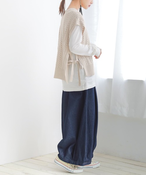 osharewalker（オシャレウォーカー）の「【廃盤】『サイドリボン透かし編みニットベスト』（ベスト・レディース・ベージュ/ブラック・FREE）」の13枚目の写真