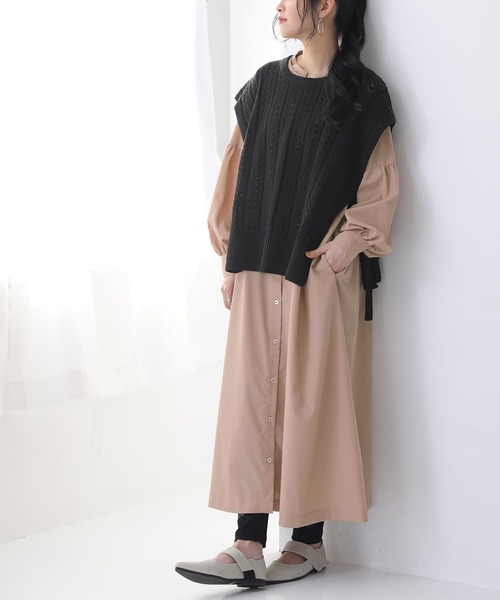 osharewalker（オシャレウォーカー）の「【廃盤】『サイドリボン透かし編みニットベスト』（ベスト・レディース・ベージュ/ブラック・FREE）」の16枚目の写真