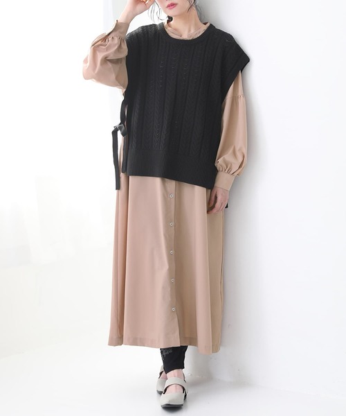 osharewalker（オシャレウォーカー）の「【廃盤】『サイドリボン透かし編みニットベスト』（ベスト・レディース・ベージュ/ブラック・FREE）」の17枚目の写真