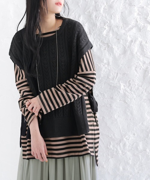 osharewalker（オシャレウォーカー）の「【廃盤】『サイドリボン透かし編みニットベスト』（ベスト・レディース・ベージュ/ブラック・FREE）」の19枚目の写真