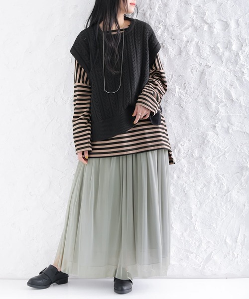 osharewalker（オシャレウォーカー）の「【廃盤】『サイドリボン透かし編みニットベスト』（ベスト・レディース・ベージュ/ブラック・FREE）」の21枚目の写真