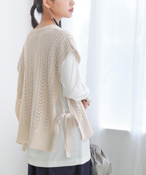 osharewalker（オシャレウォーカー）の「【廃盤】『サイドリボン透かし編みニットベスト』（ベスト・レディース・ベージュ/ブラック・FREE）」の8枚目の写真