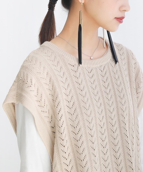osharewalker（オシャレウォーカー）の「【廃盤】『サイドリボン透かし編みニットベスト』（ベスト・レディース・ベージュ/ブラック・FREE）」の9枚目の写真
