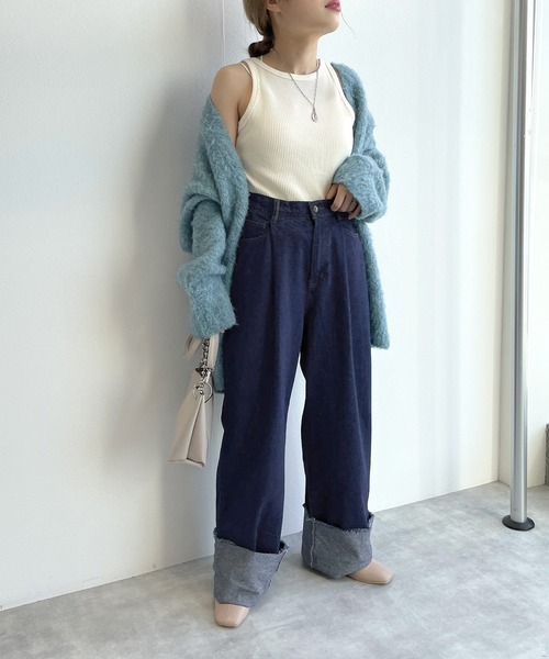 （もあ）新品 ダブルウエストドロストデニム 夏でも涼しいデニム】ドロストセミワイドデニムパンツ（5-0330-3