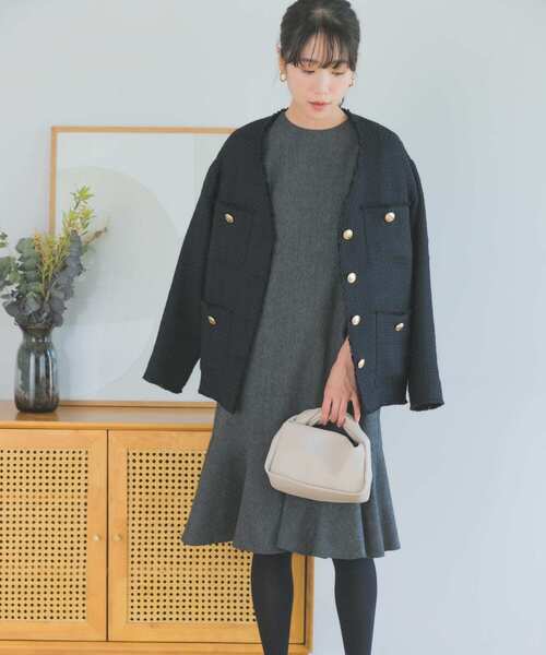 F by ROSSO（エフバイロッソ）の「『40サイズ/高身長向けも展開』F by ROSSO　ツイード裾フレアワンピース（ワンピース・レディース・チャコールグレー/ブラウン・40/38）」の14枚目の写真