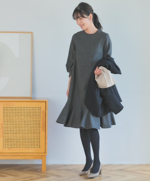 F by ROSSO（エフバイロッソ）の「『40サイズ/高身長向けも展開』F by ROSSO　ツイード裾フレアワンピース（ワンピース・レディース・チャコールグレー/ブラウン・40/38）」の10枚目の写真