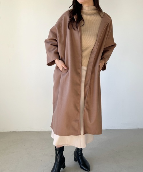 CLEA（クレア）の「ノーカラーオーバーシルエットロングコート（ノーカラーコート・レディース・モカ/ベージュ/ブラック・FREE）」の10枚目の写真