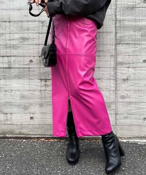 セール】フェイクレザーフロントZIPスカート（スカート）｜mi