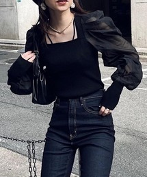 バックレースアップ異素材コンビニットトップス