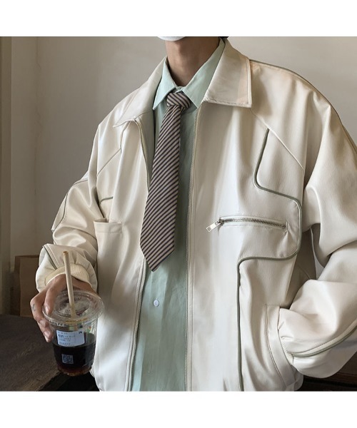 DEVICE(デバイス)の「オーバーサイズ フェイクレザー ブルゾン アウター ジャケット(ブルゾン・メンズ・ブラック/ホワイト・FREE)」の15枚目の写真