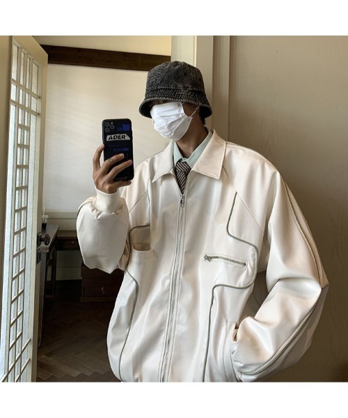 DEVICE(デバイス)の「オーバーサイズ フェイクレザー ブルゾン アウター ジャケット(ブルゾン・メンズ・ブラック/ホワイト・FREE)」の4枚目の写真