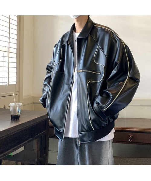 DEVICE(デバイス)の「オーバーサイズ フェイクレザー ブルゾン アウター ジャケット(ブルゾン・メンズ・ブラック/ホワイト・FREE)」の3枚目の写真