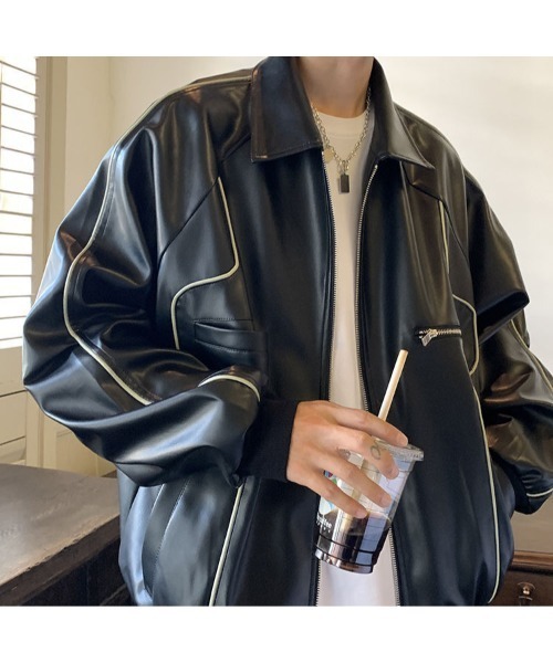 DEVICE(デバイス)の「オーバーサイズ フェイクレザー ブルゾン アウター ジャケット(ブルゾン・メンズ・ブラック/ホワイト・FREE)」の14枚目の写真