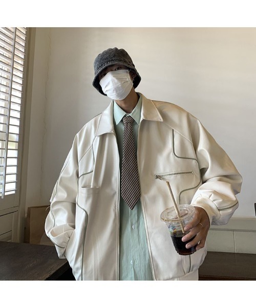 DEVICE(デバイス)の「オーバーサイズ フェイクレザー ブルゾン アウター ジャケット(ブルゾン・メンズ・ブラック/ホワイト・FREE)」の8枚目の写真