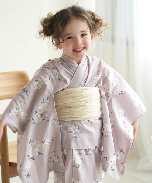 キッズ浴衣3点セット くすみラベンダーに小花