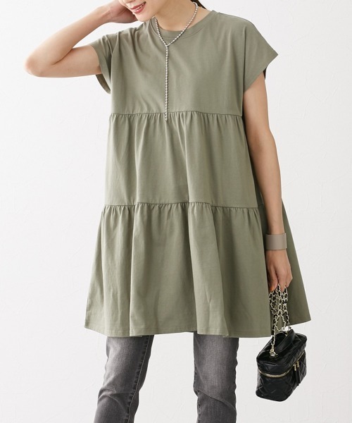 nissen（ニッセン）の「綿１００％　フレンチスリーブロング丈ティアードトップス（Tシャツ/カットソー・レディース・カーキ/モカ/ダークグレー/ネイビー/ブラック・L/LL/M/S）」の4枚目の写真