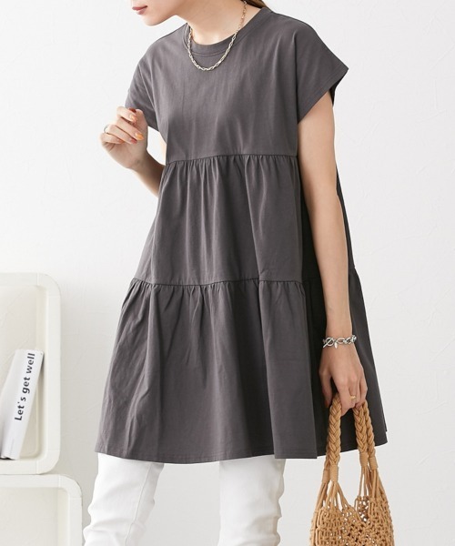 nissen（ニッセン）の「綿１００％　フレンチスリーブロング丈ティアードトップス（Tシャツ/カットソー・レディース・カーキ/モカ/ダークグレー/ネイビー/ブラック・L/LL/M/S）」の3枚目の写真