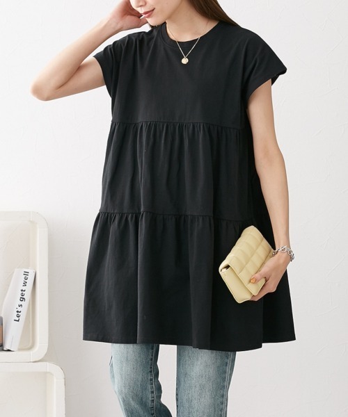 nissen（ニッセン）の「綿１００％　フレンチスリーブロング丈ティアードトップス（Tシャツ/カットソー・レディース・カーキ/モカ/ダークグレー/ネイビー/ブラック・L/LL/M/S）」の2枚目の写真