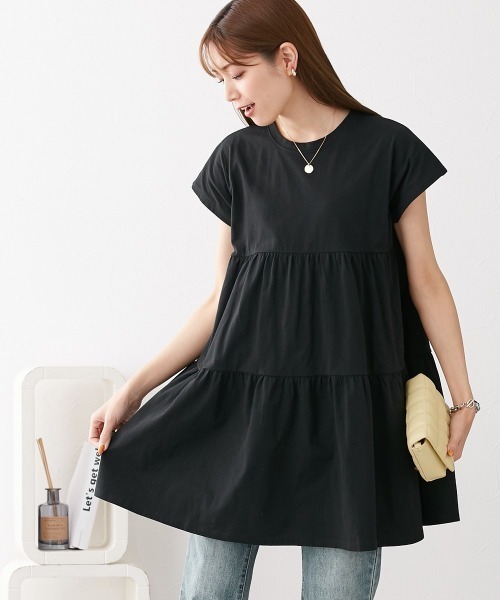 nissen（ニッセン）の「綿１００％　フレンチスリーブロング丈ティアードトップス（Tシャツ/カットソー・レディース・カーキ/モカ/ダークグレー/ネイビー/ブラック・L/LL/M/S）」の7枚目の写真