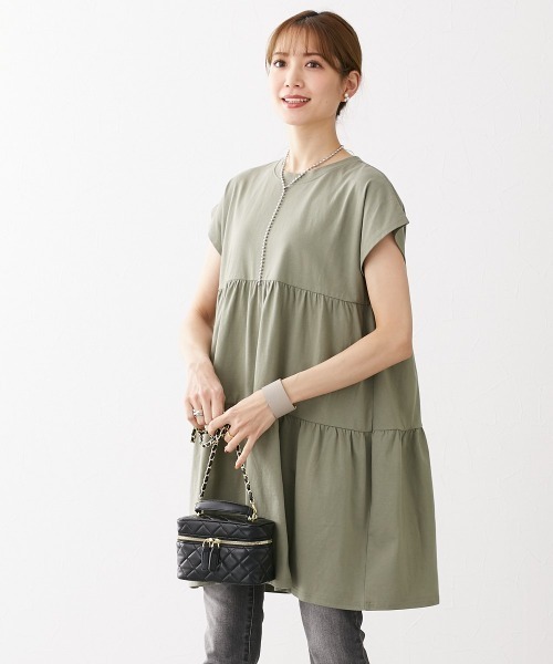 nissen（ニッセン）の「綿１００％　フレンチスリーブロング丈ティアードトップス（Tシャツ/カットソー・レディース・カーキ/モカ/ダークグレー/ネイビー/ブラック・L/LL/M/S）」の9枚目の写真