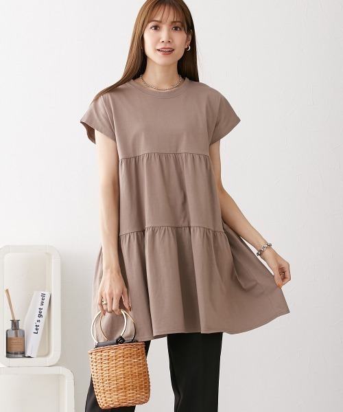 nissen（ニッセン）の「綿１００％　フレンチスリーブロング丈ティアードトップス（Tシャツ/カットソー・レディース・カーキ/モカ/ダークグレー/ネイビー/ブラック・L/LL/M/S）」の8枚目の写真