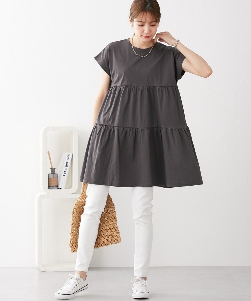 nissen（ニッセン）の「綿１００％　フレンチスリーブロング丈ティアードトップス（Tシャツ/カットソー・レディース・カーキ/モカ/ダークグレー/ネイビー/ブラック・L/LL/M/S）」の10枚目の写真