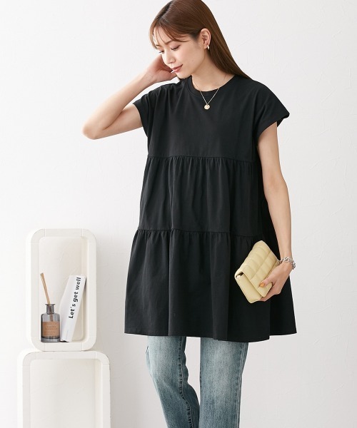 nissen（ニッセン）の「綿１００％　フレンチスリーブロング丈ティアードトップス（Tシャツ/カットソー・レディース・カーキ/モカ/ダークグレー/ネイビー/ブラック・L/LL/M/S）」の16枚目の写真