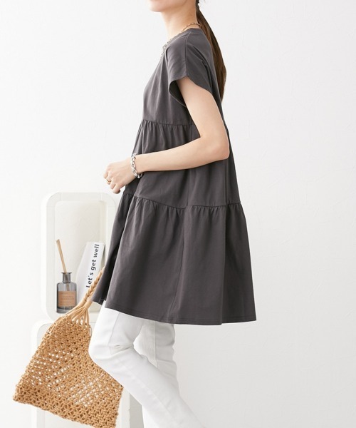 nissen（ニッセン）の「綿１００％　フレンチスリーブロング丈ティアードトップス（Tシャツ/カットソー・レディース・カーキ/モカ/ダークグレー/ネイビー/ブラック・L/LL/M/S）」の17枚目の写真