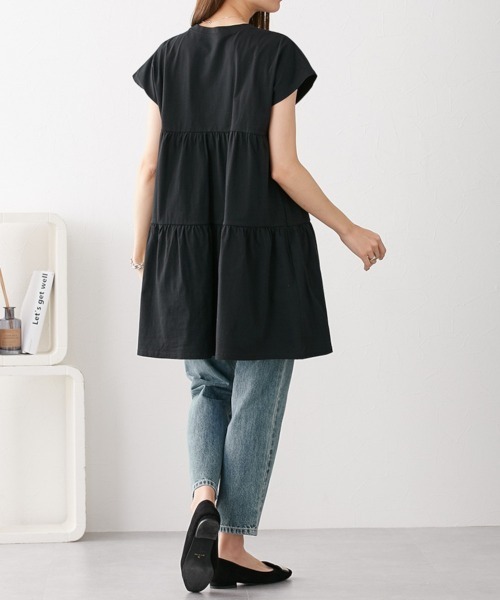 nissen（ニッセン）の「綿１００％　フレンチスリーブロング丈ティアードトップス（Tシャツ/カットソー・レディース・カーキ/モカ/ダークグレー/ネイビー/ブラック・L/LL/M/S）」の13枚目の写真