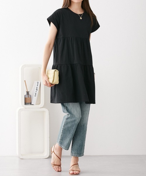 nissen（ニッセン）の「綿１００％　フレンチスリーブロング丈ティアードトップス（Tシャツ/カットソー・レディース・カーキ/モカ/ダークグレー/ネイビー/ブラック・L/LL/M/S）」の14枚目の写真