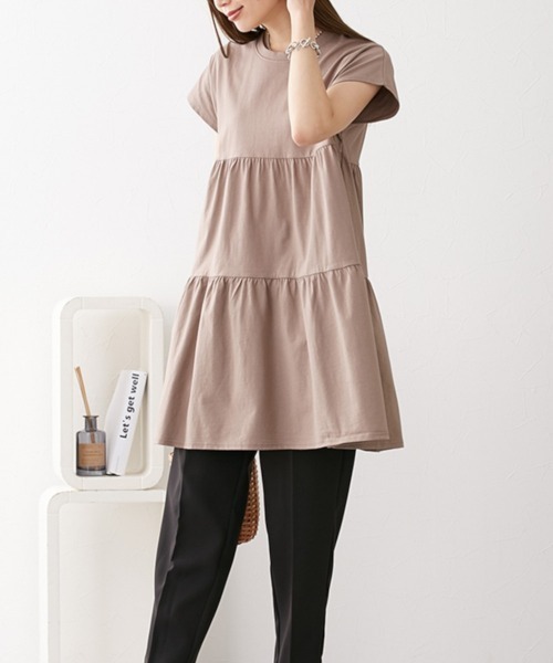 nissen（ニッセン）の「綿１００％　フレンチスリーブロング丈ティアードトップス（Tシャツ/カットソー・レディース・カーキ/モカ/ダークグレー/ネイビー/ブラック・L/LL/M/S）」の20枚目の写真