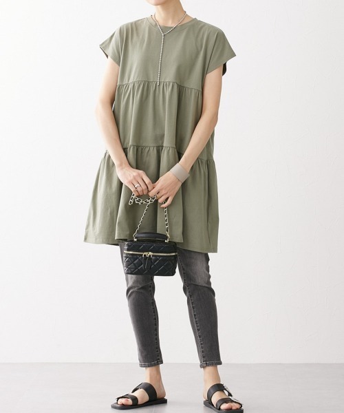 nissen（ニッセン）の「綿１００％　フレンチスリーブロング丈ティアードトップス（Tシャツ/カットソー・レディース・カーキ/モカ/ダークグレー/ネイビー/ブラック・L/LL/M/S）」の22枚目の写真