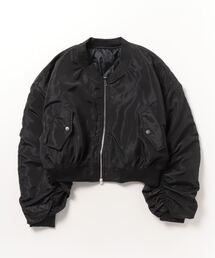 XU | ストリートファッション XU エックスユー shirring crop ma-1 オーバーサイズ ボンバージャケット Ma-1 ジップアウター ジップアップ ジャケット クロップ 短丈 ショートジャケット(MA-1)