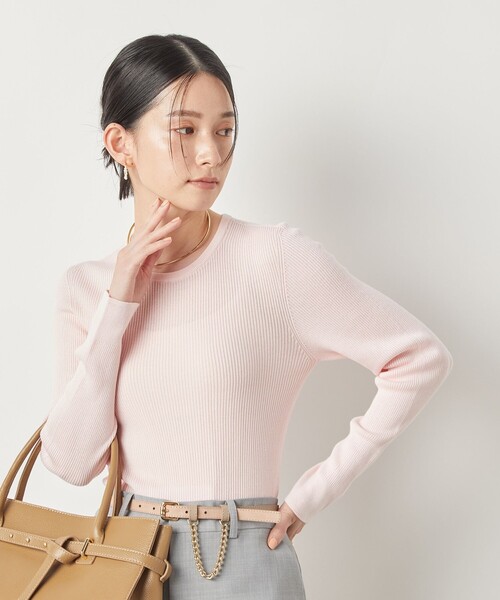 NOLLEY’S Sophi（ノーリーズソフィ）の「《手洗い可能》18Gホールガーメントガーゼ風リブクルーネックプルオーバーニット（ニット/セーター・レディース・ベビーピンク/チャコールグレー/クリーム・38）」の3枚目の写真