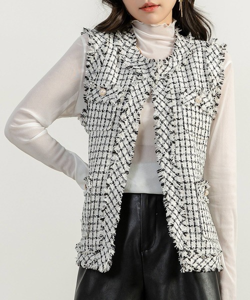 DAY CLOSET（デイ クローゼット）の「レディース ツイード風クラシカルフリンジベスト（ベスト・レディース・ブラック/ホワイト・S/M）」の10枚目の写真