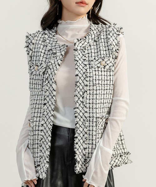 DAY CLOSET（デイ クローゼット）の「レディース ツイード風クラシカルフリンジベスト（ベスト・レディース・ブラック/ホワイト・S/M）」の9枚目の写真