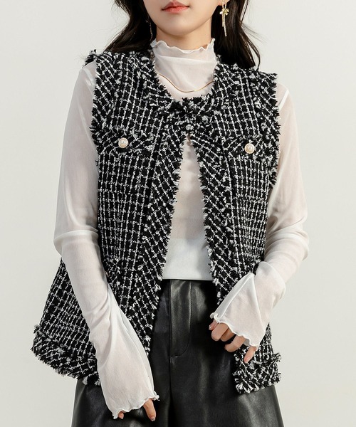 DAY CLOSET（デイ クローゼット）の「レディース ツイード風クラシカルフリンジベスト（ベスト・レディース・ブラック/ホワイト・S/M）」の21枚目の写真