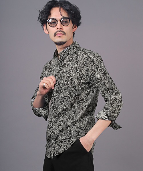 極美品　キャバン　長袖シャツ　コットン　ブロード　総柄　ボタニカル　ブラック　L 極美品 キャバン 長袖シャツ コットン ブロード 総柄 ボタニカル